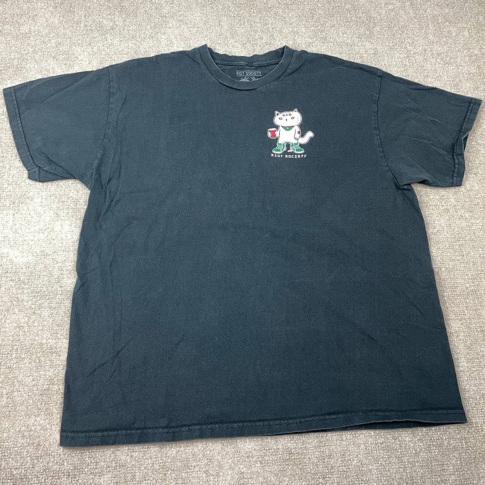 Riot Society T-Shirt Mens XL Black Ramen Lucky Cat Noodles Graphic Summer Tee